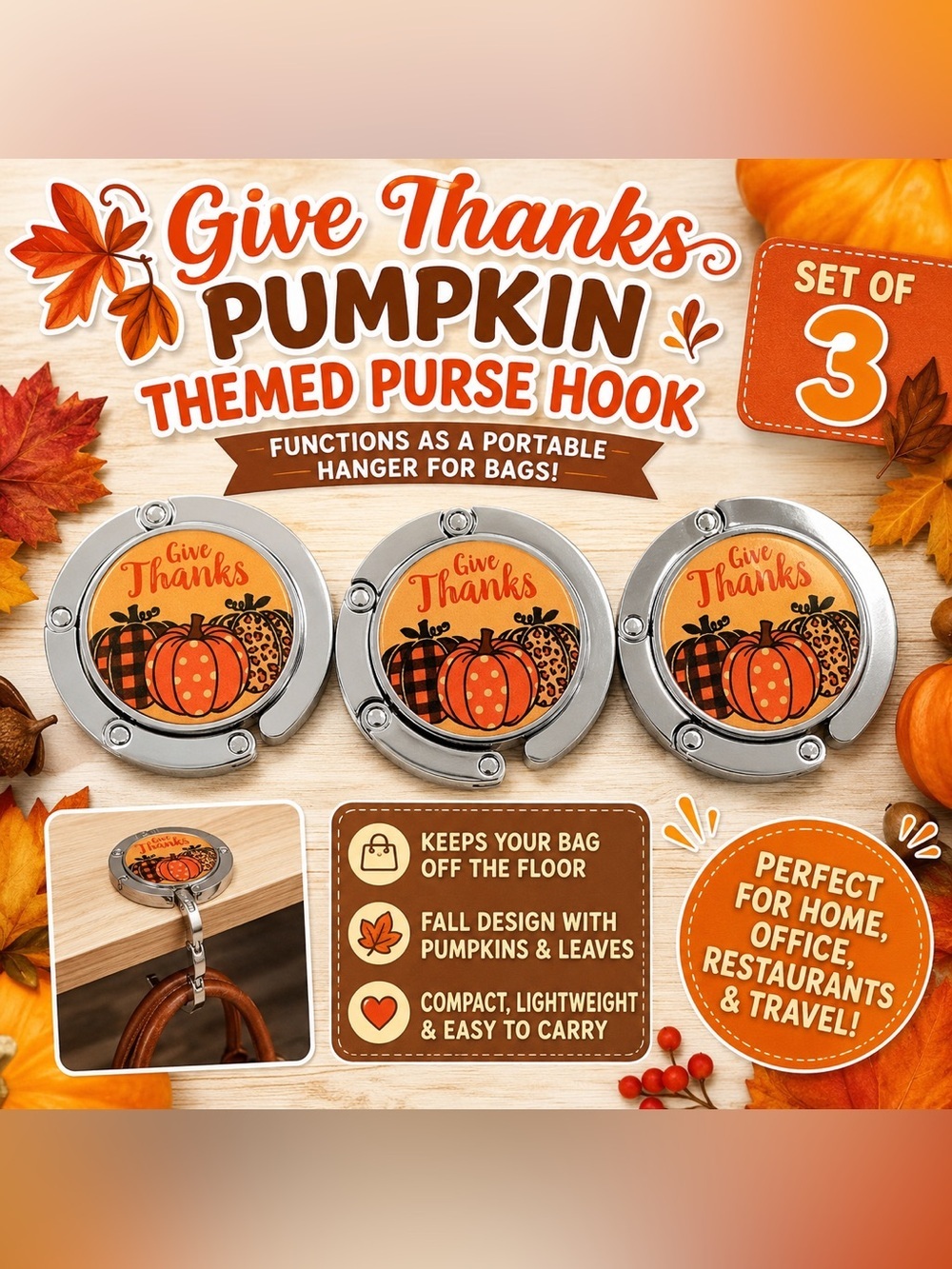 Give Thanks Pumpkin Themed Purse Hooks - Orange and Brown (Set of 3)